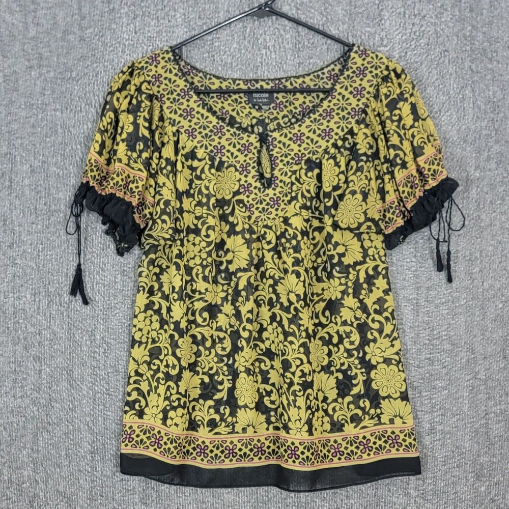 Nicole By Nicole Miller Blouse Womens 10 Floral Sheer Tasseled Chiffon Top